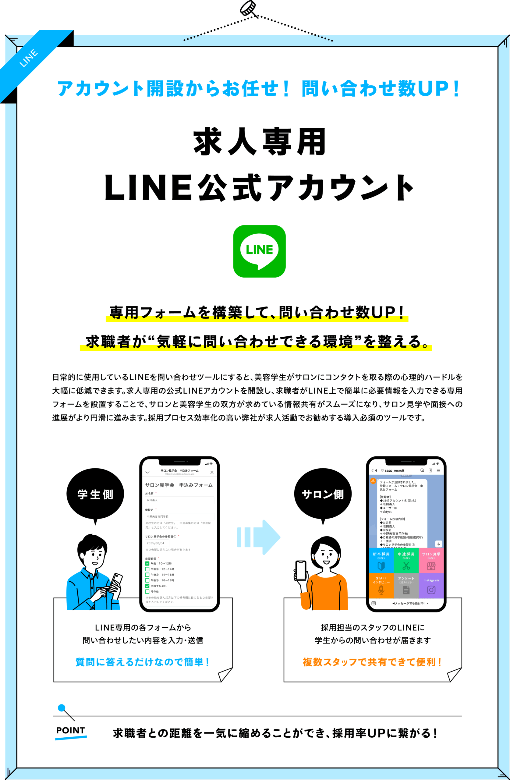 美容師の求職者とのやり取りを円滑に進めるため、LINE公式アカウントに問合せフォームを設置する必要性を解説した図(応募率向上に直結する対応策)